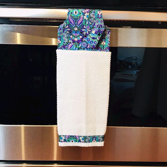 Hanging Kitchen Towel: Purple Green Paisley Topper, Button Closure - Picture 6 of 6